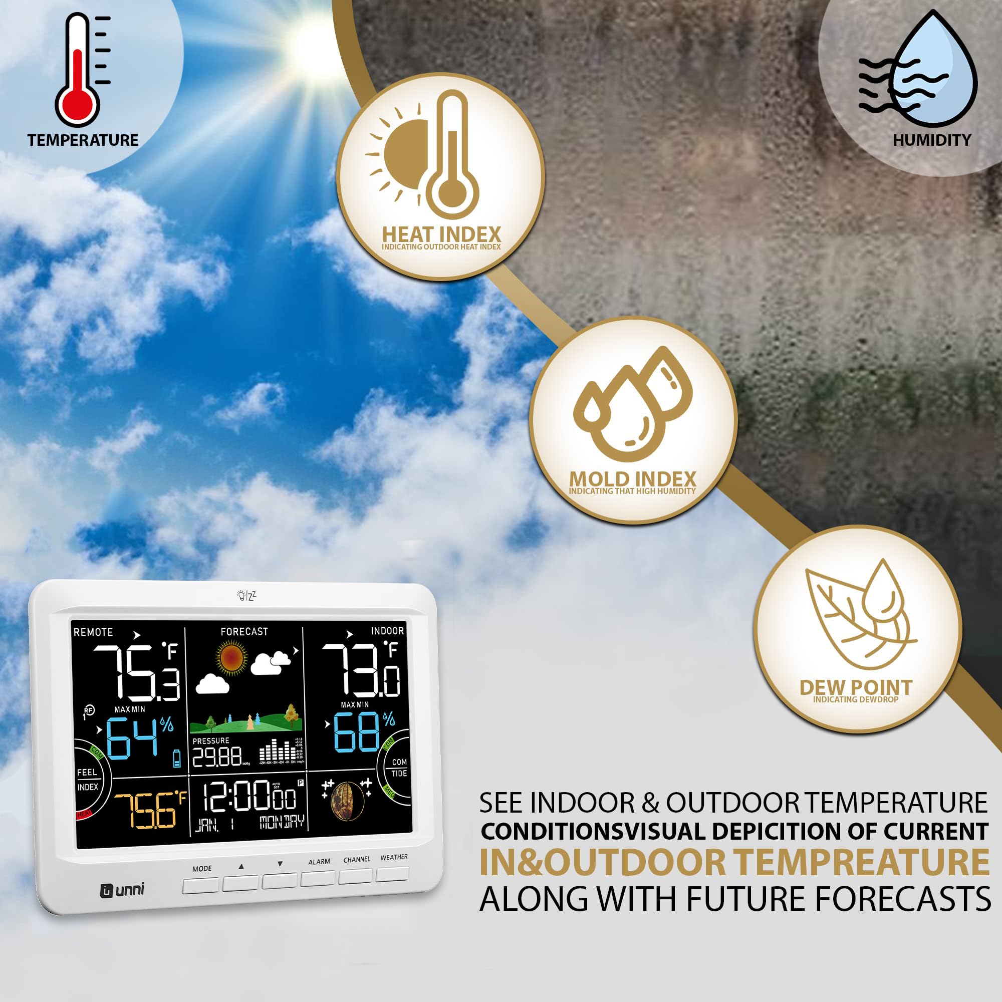 U UNNI Weather Station backlit display for clear reading in any light.