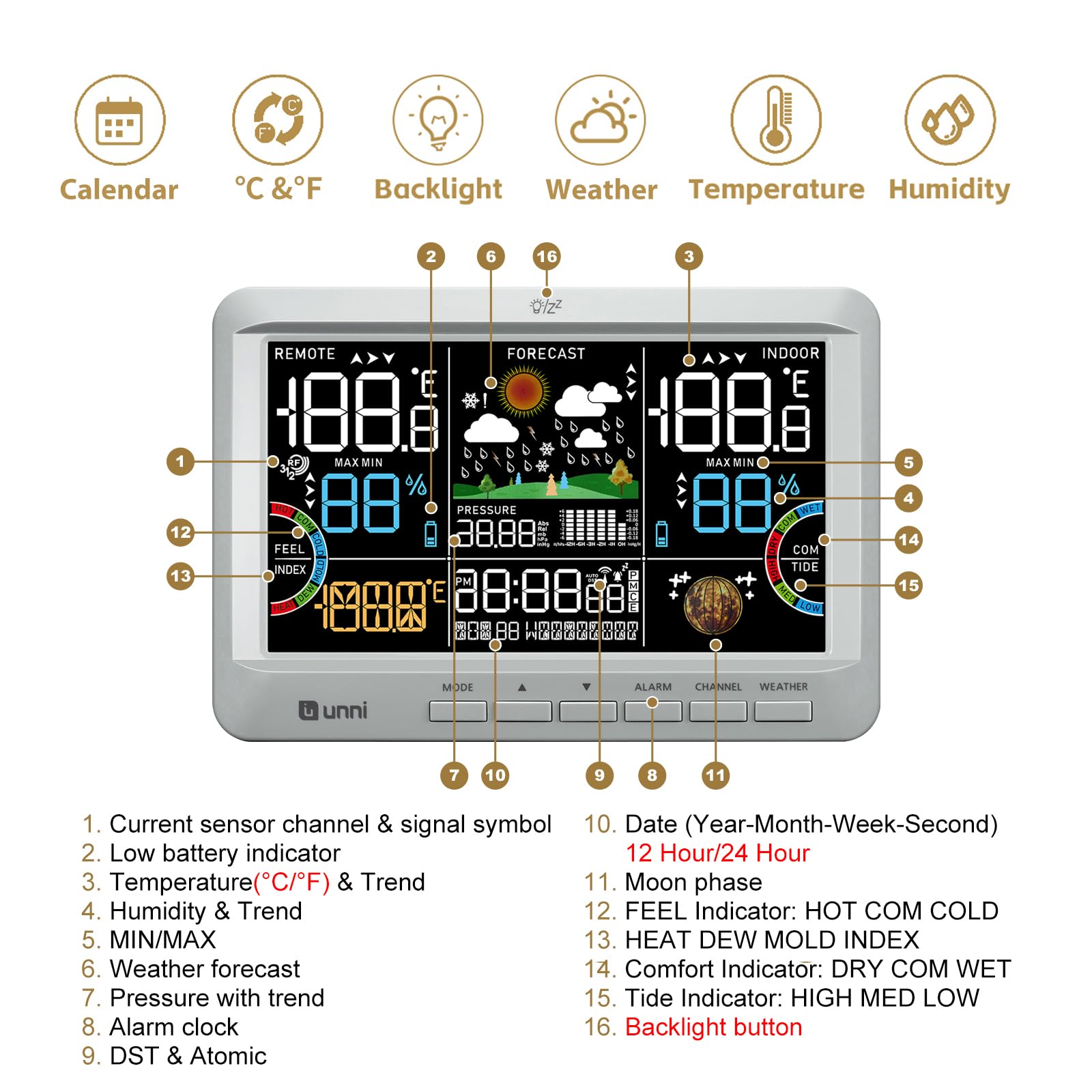 U UNNI Weather Station front display with adjustable brightness for viewing