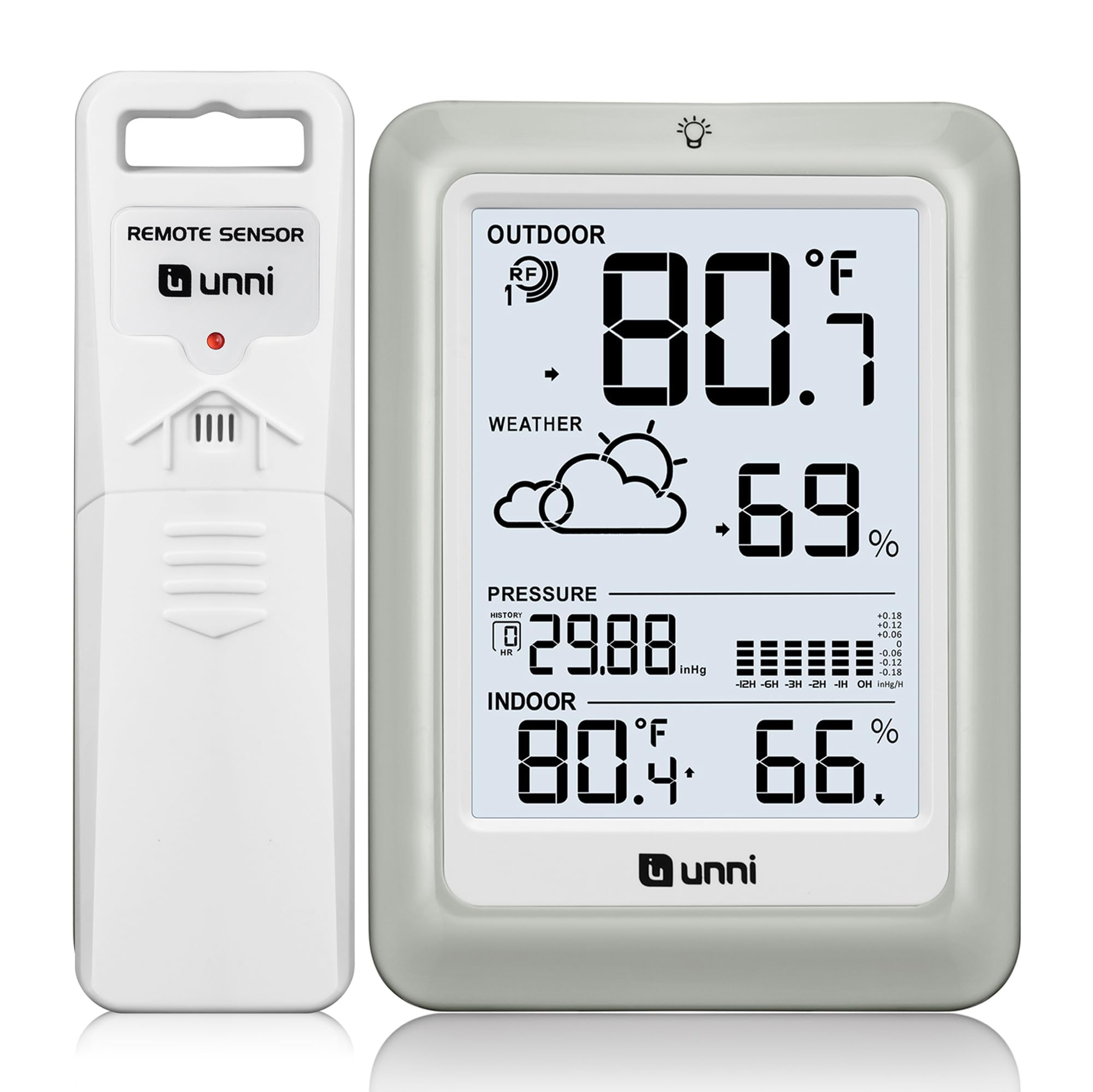 U UNNI wireless weather station front display with real-time indoor and outdoor readings.