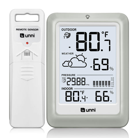 U UNNI wireless weather station front display with real-time indoor and outdoor readings.