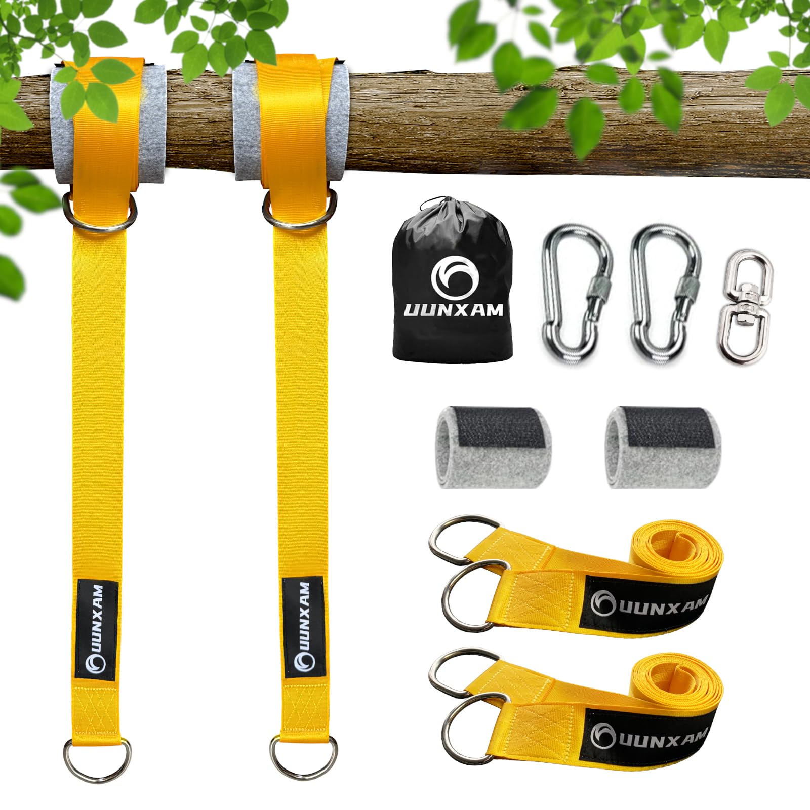 UUNXAM tree swing straps setup demonstrates quick, tool-free installation.