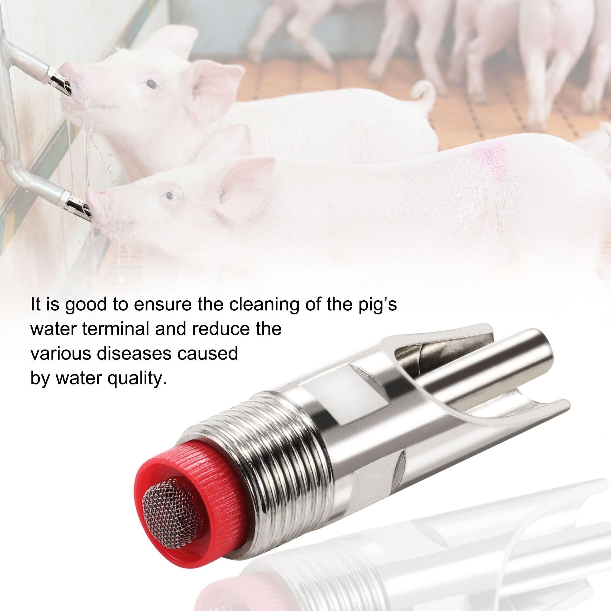 uxcell stainless steel pig nipple close-up highlighting durable dome screen.