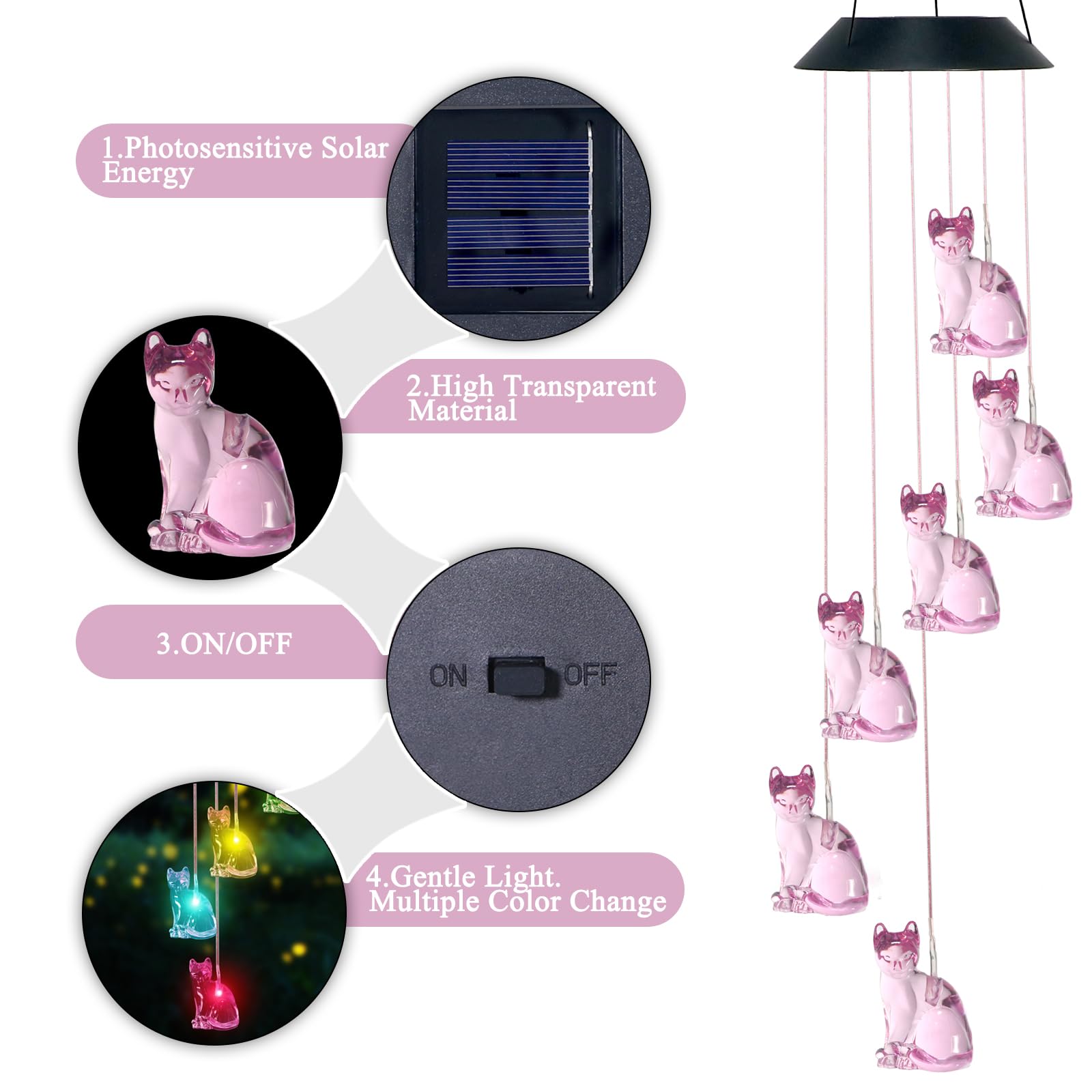 UXORSN Cat Solar Wind Chimes illuminate evenings with multiple colors.