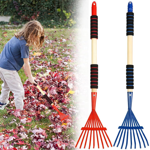 UYEDUJZ 2-pack kid leaf rakes in blue and red for easy leaf collection and garden cleanup.