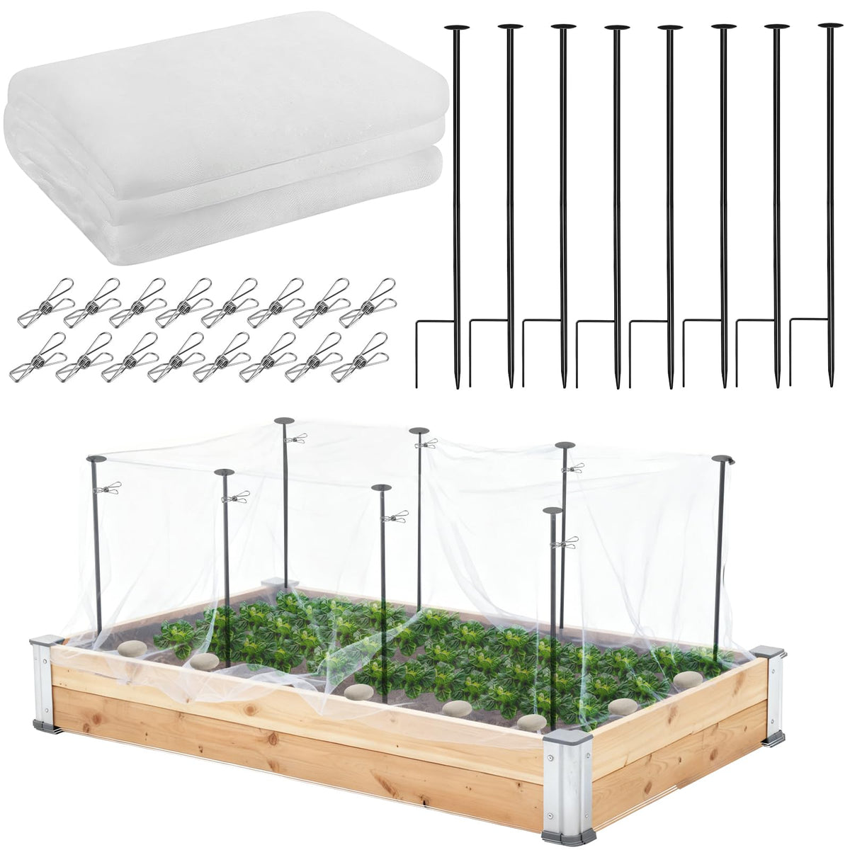 Uyeesi metal garden netting kit with 2.6ft stakes provides stable row protection.