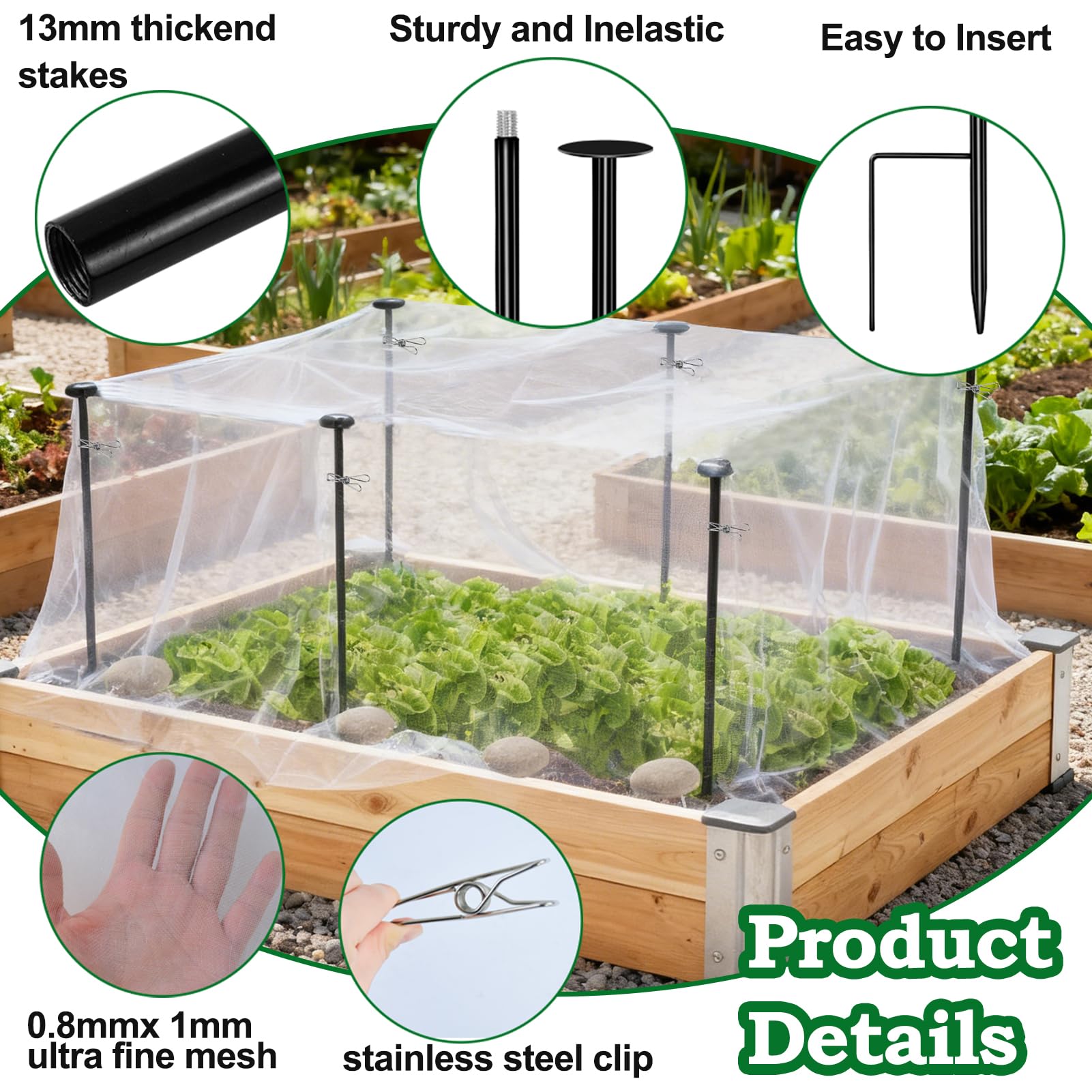 Uyeesi stainless steel clips secure the netting to stakes