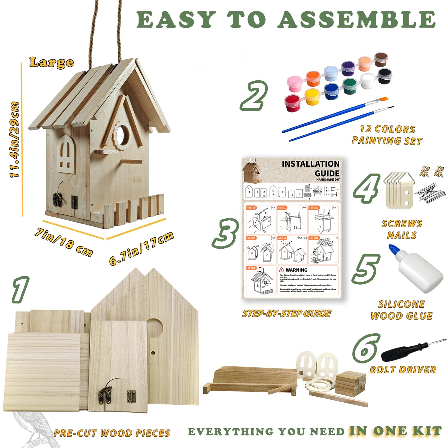 Uyiixoxo DIY birdhouse kit pieces ready for easy assembly.