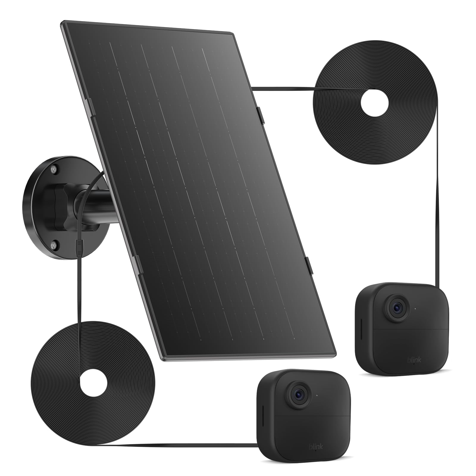 UYODM 10W solar panel powering two Blink cameras for continuous outdoor power