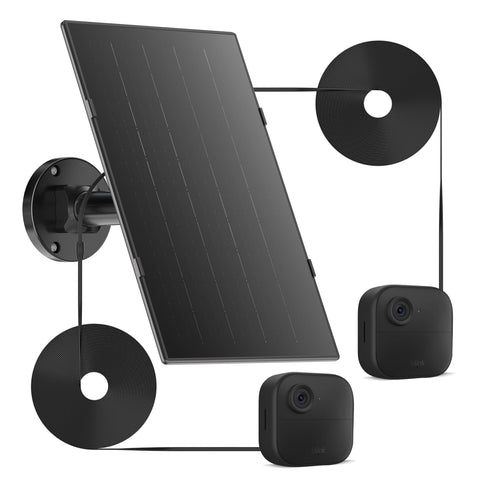 UYODM 10W solar panel powering two Blink cameras for continuous outdoor power