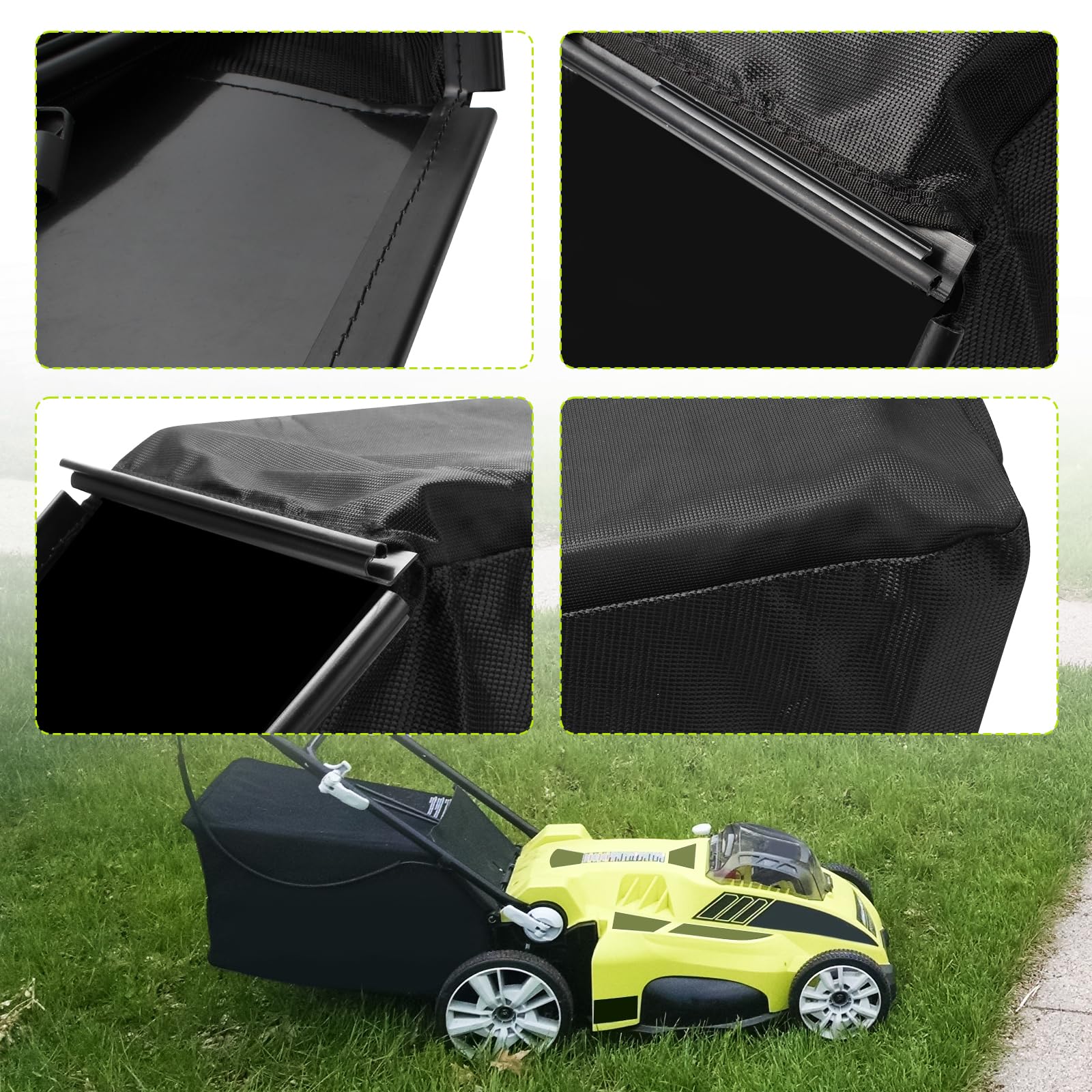 Clip-in installation of UYZO grass bag on Ryobi mower frame