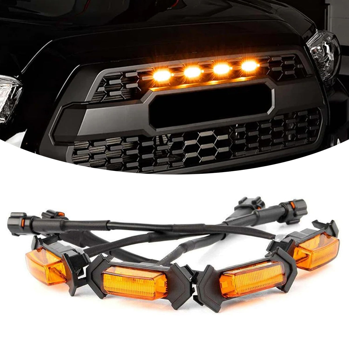 UZZH amber LED grill lights brighten the Tacoma front grille for clearer night visibility.