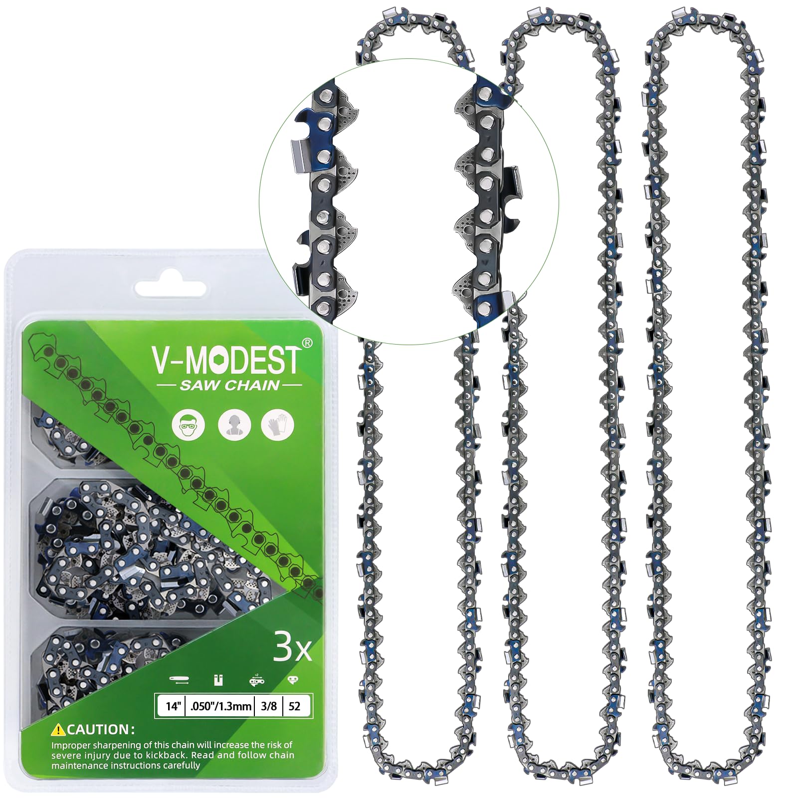 V-MODEST 14inch chain for Ryobi showing sharp cutters for clean, precise cuts
