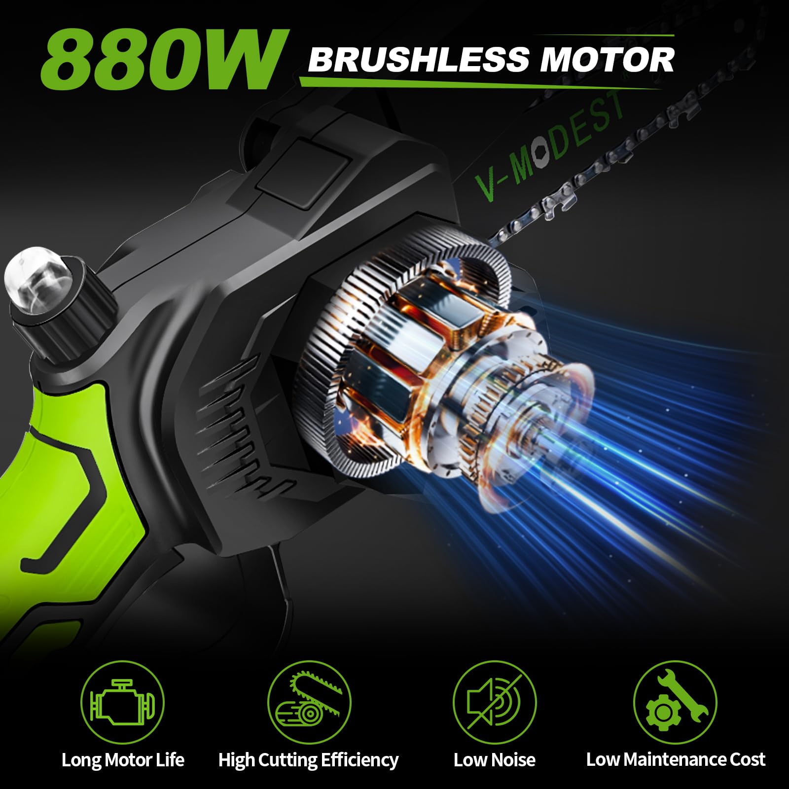 V-MODEST 180-degree swivel eases corner cuts and reduces wrist strain.