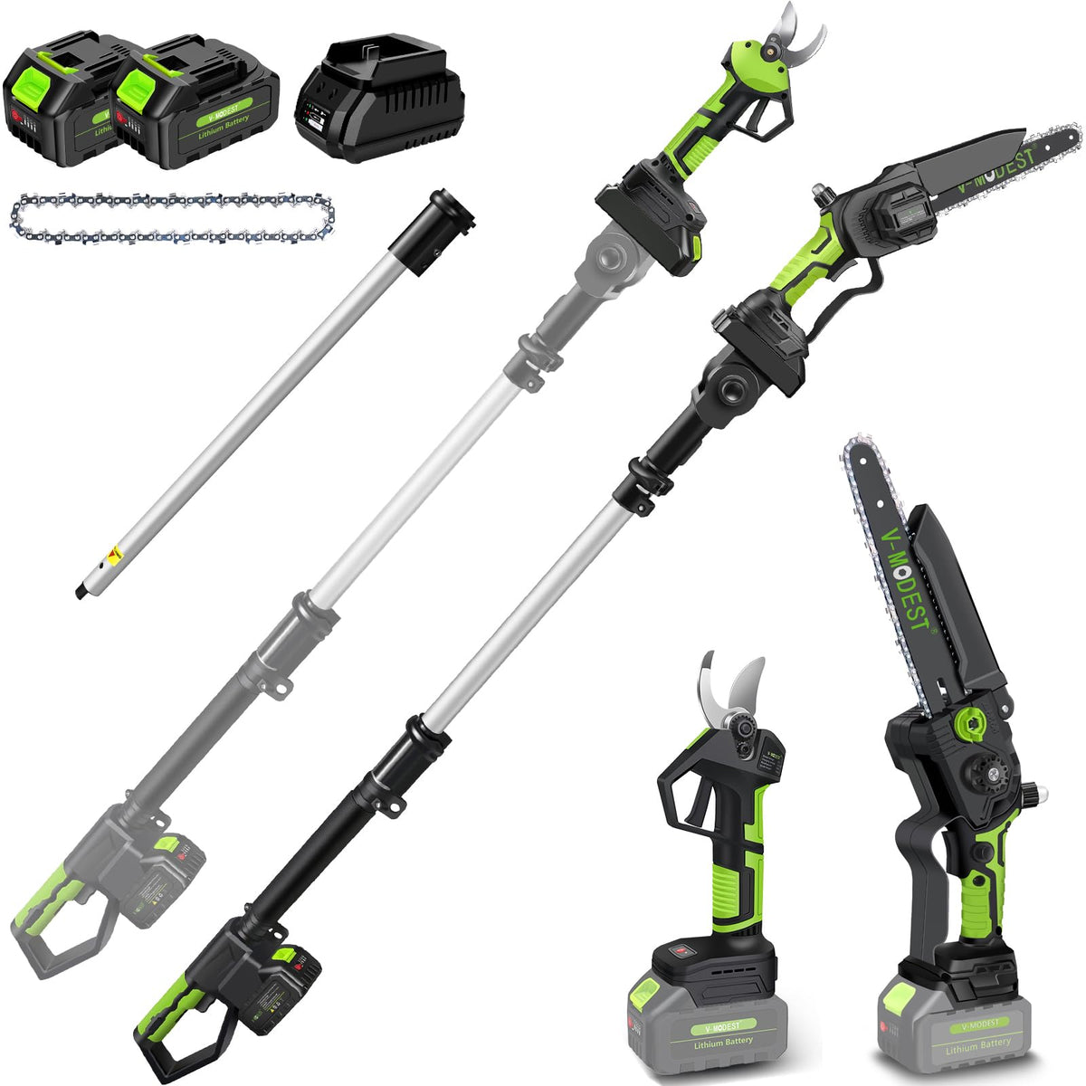 V-MODEST 4-in-1 pole saw assembly for versatile pruning on tall branches.