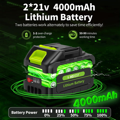 V-MODEST fast charger powers both batteries quickly.