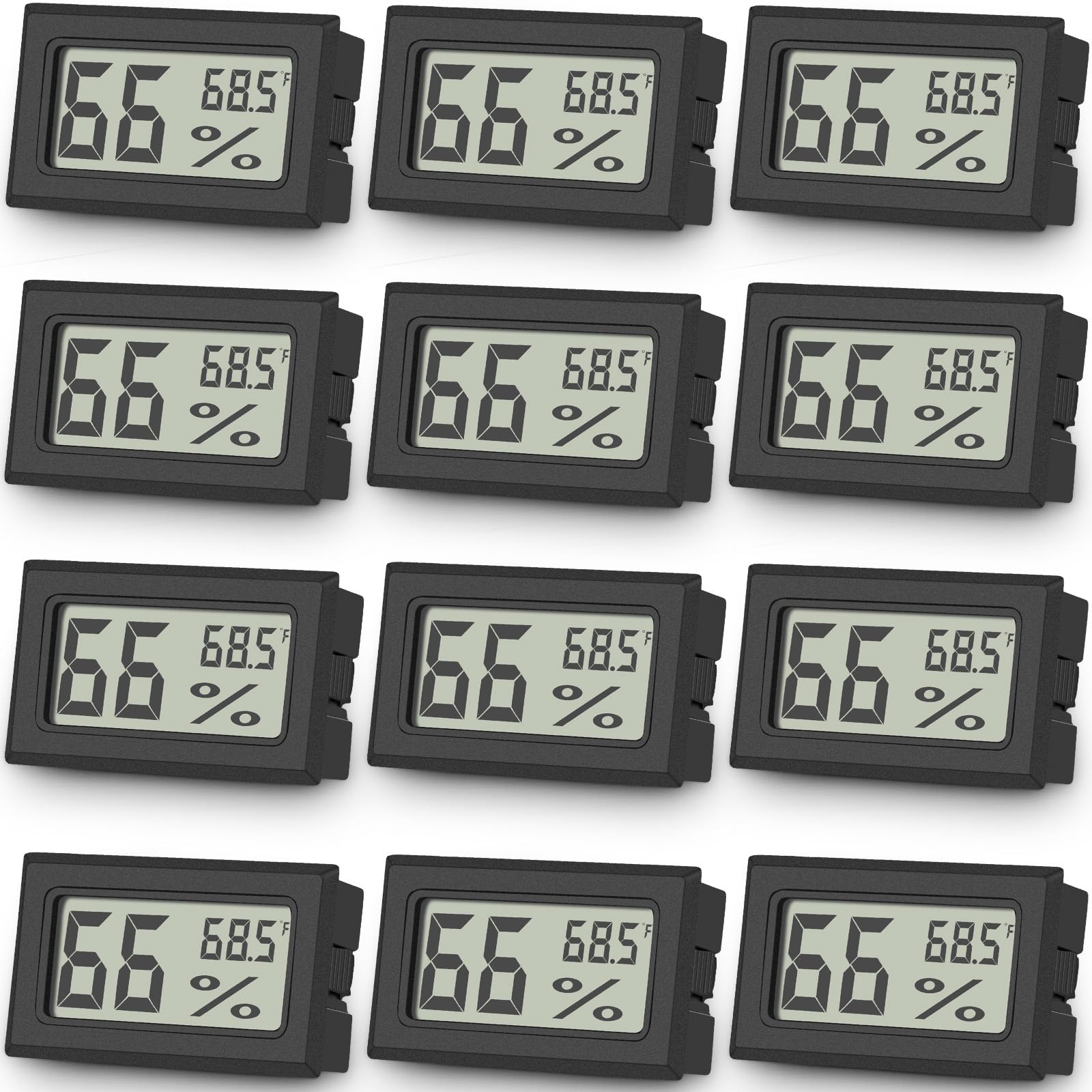 Vaikby 12-pack mini thermometer hygrometer front view for precise indoor climate monitoring.
