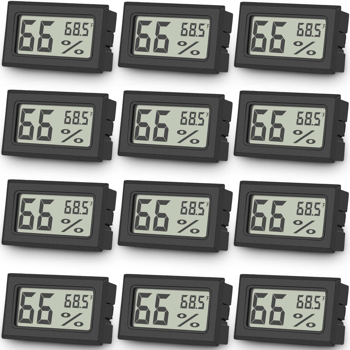 Vaikby 12-pack mini thermometer hygrometer front view for precise indoor climate monitoring.