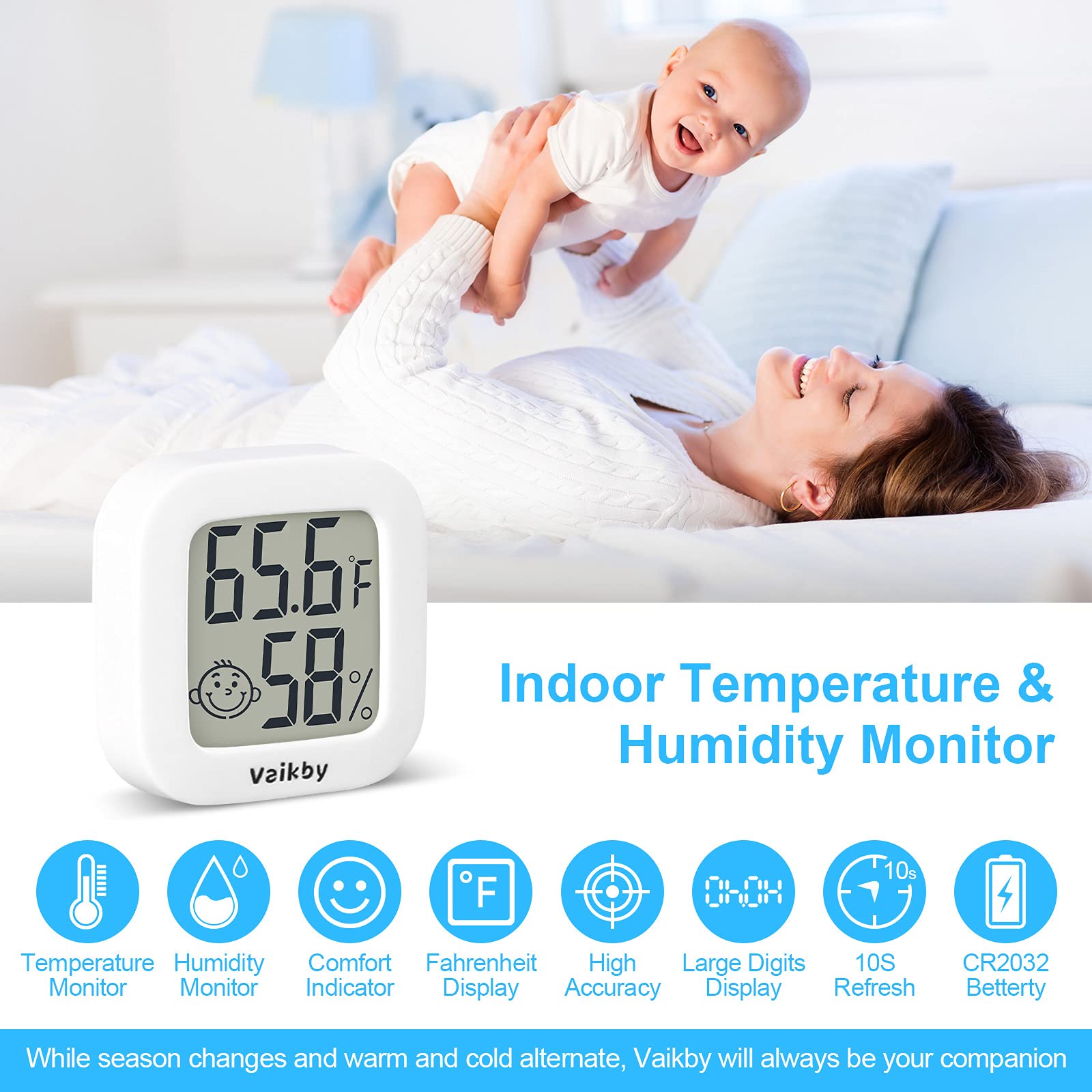 Vaikby digital hygrometer LCD display provides precise temperature and humidity readings.