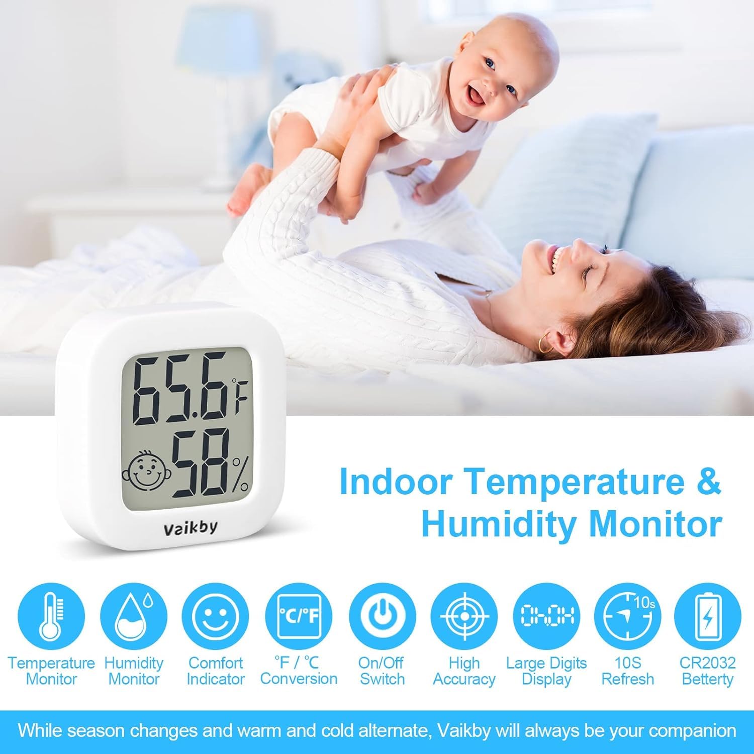 Vaikby humidity gauge digital readout helps monitor comfort levels at a glance.