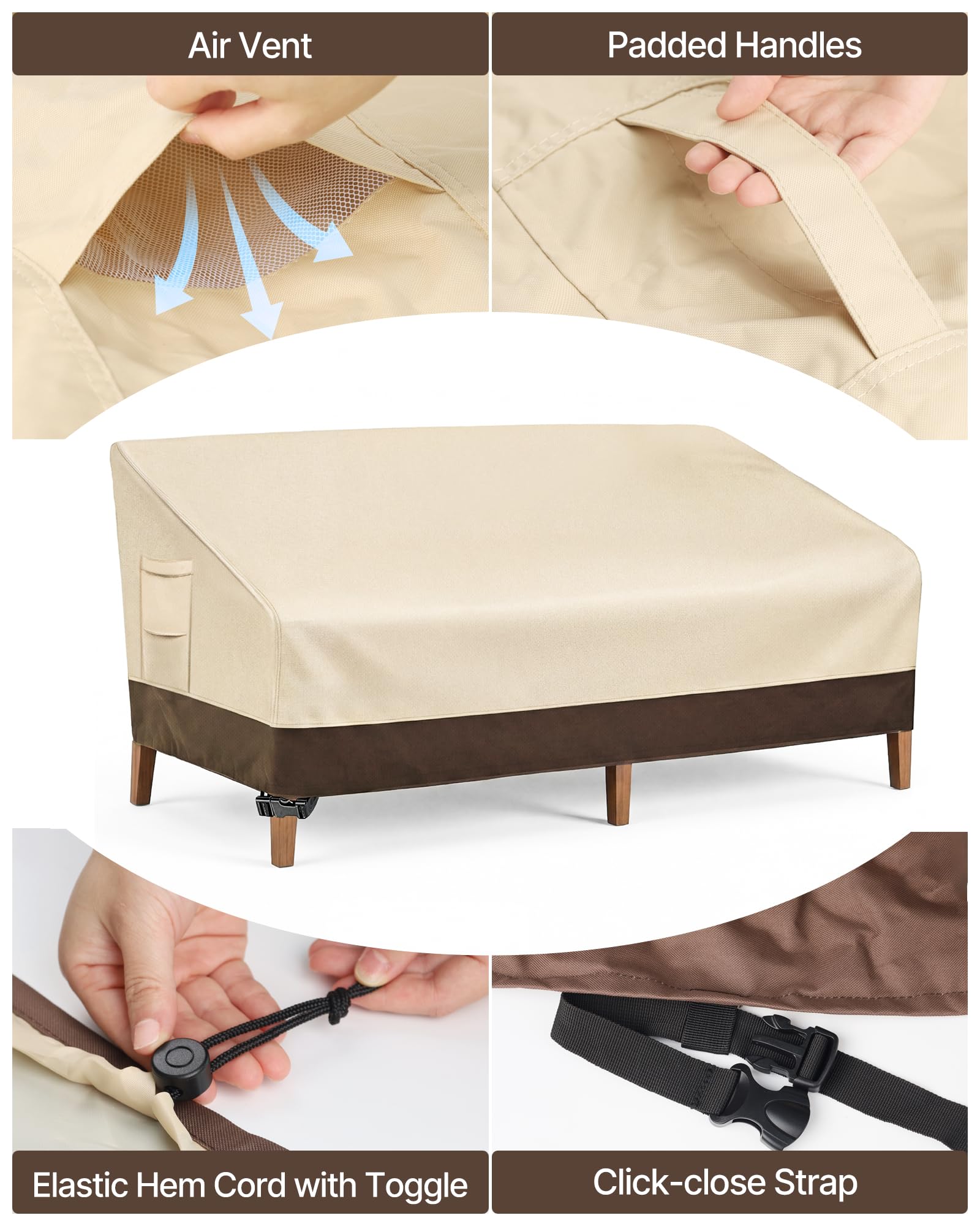 Vailge air vent design reduces condensation on the patio sofa cover.