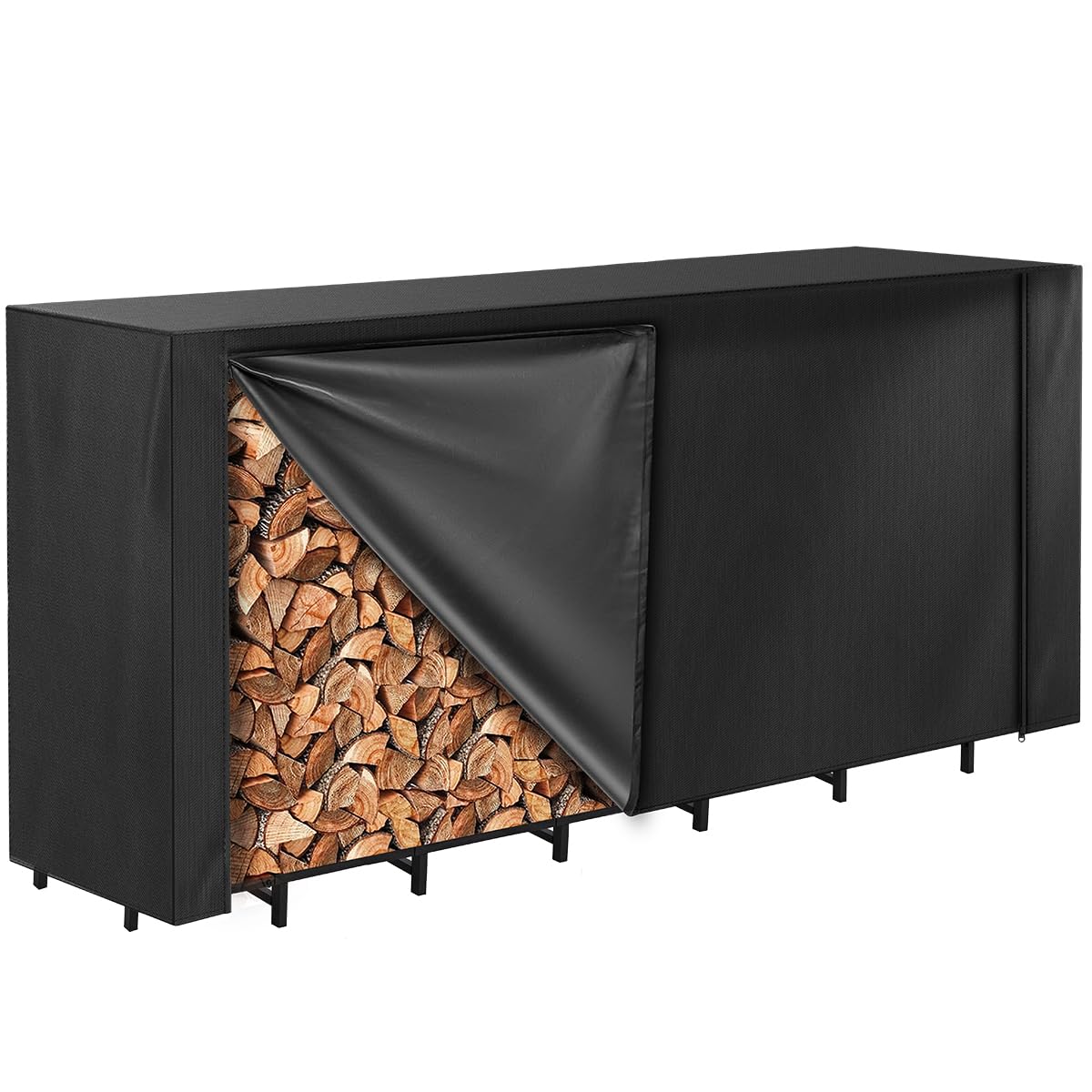 Vailge firewood rack cover front zipper enables easy wood access in wet weather.
