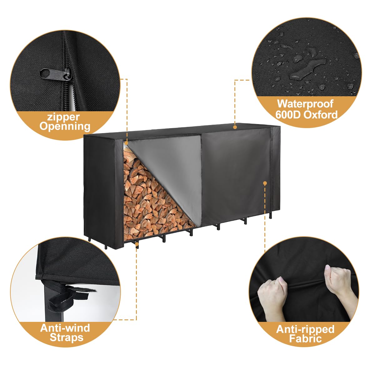 Vailge firewood rack cover heavy-duty 600D fabric resists tearing and cracking.