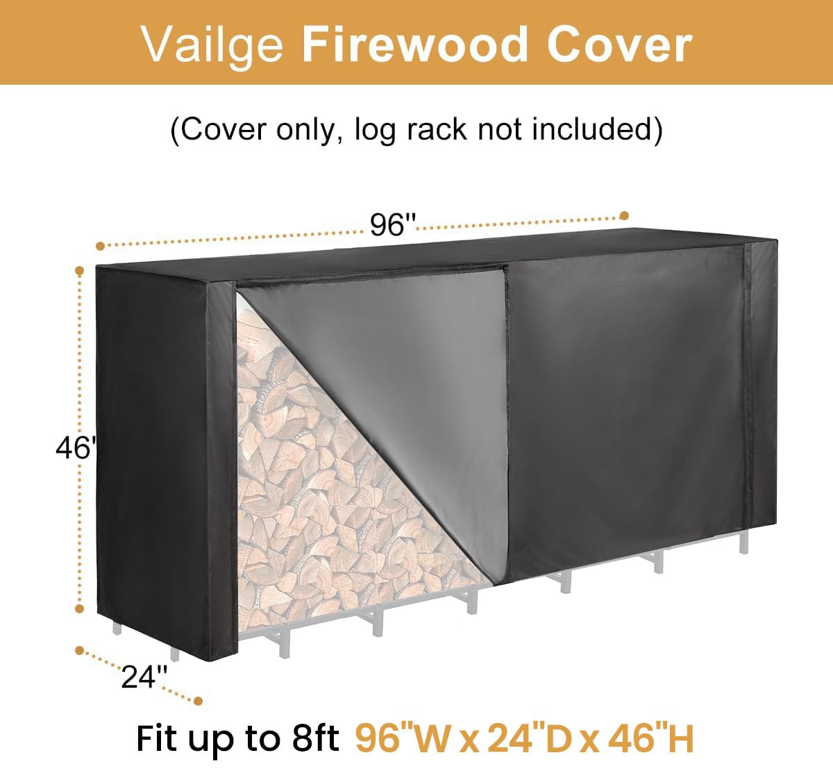 Vailge firewood rack cover waterproof protection keeps logs dry for ready burning.
