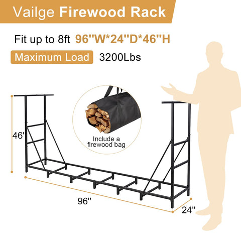 Vailge firewood rack outdoor 8ft side view highlighting sturdy frame