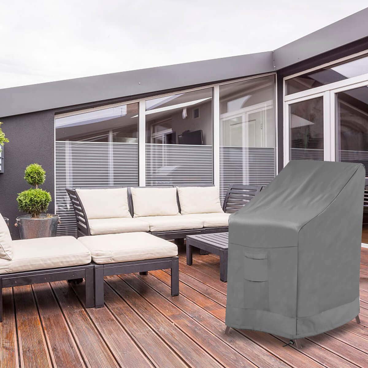 Vailge grey chair cover shown in situ for modern outdoor spaces.