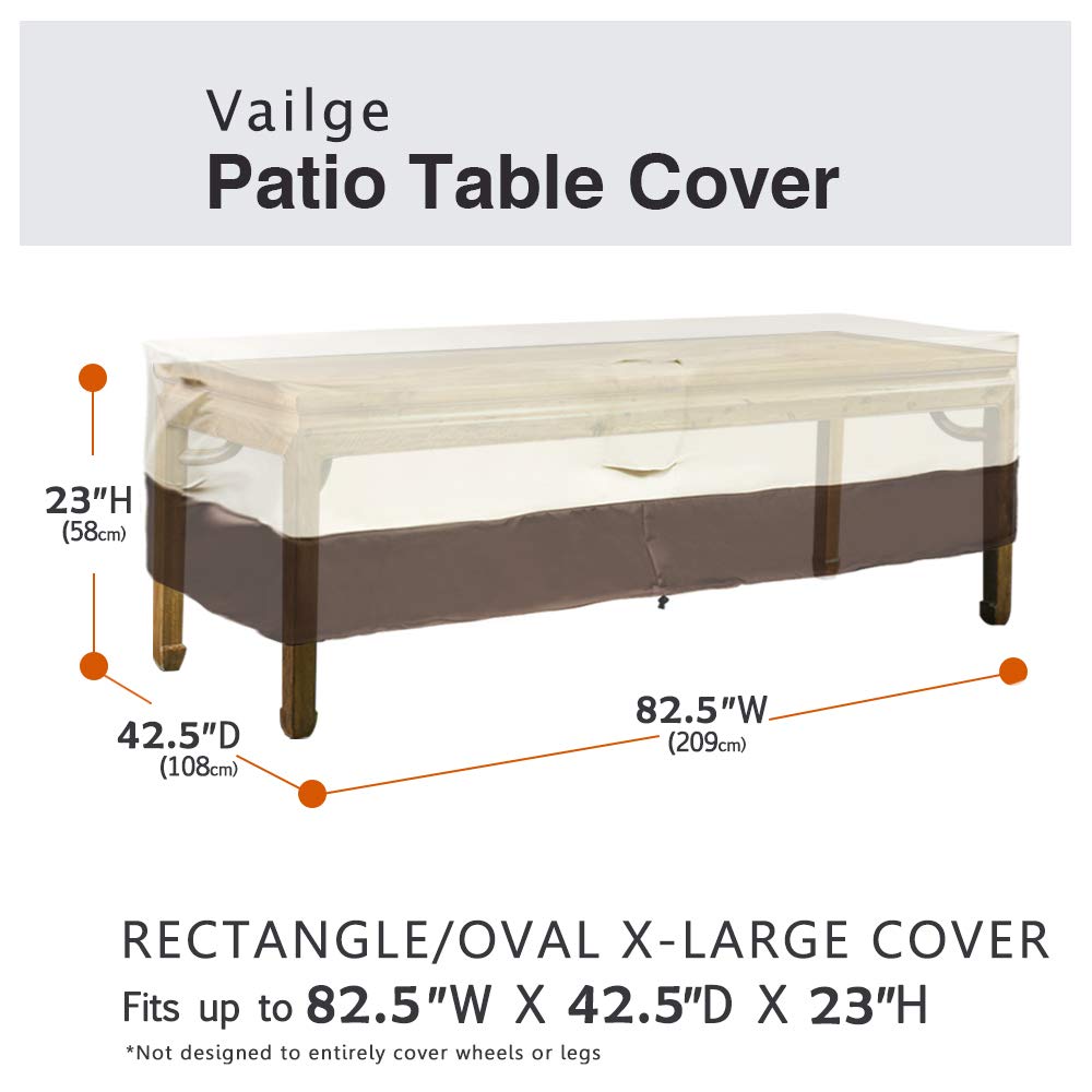 Vailge rectangular-oval fit shows versatile coverage for different table shapes.