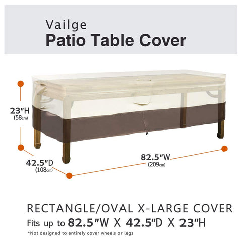 Vailge rectangular-oval fit shows versatile coverage for different table shapes.