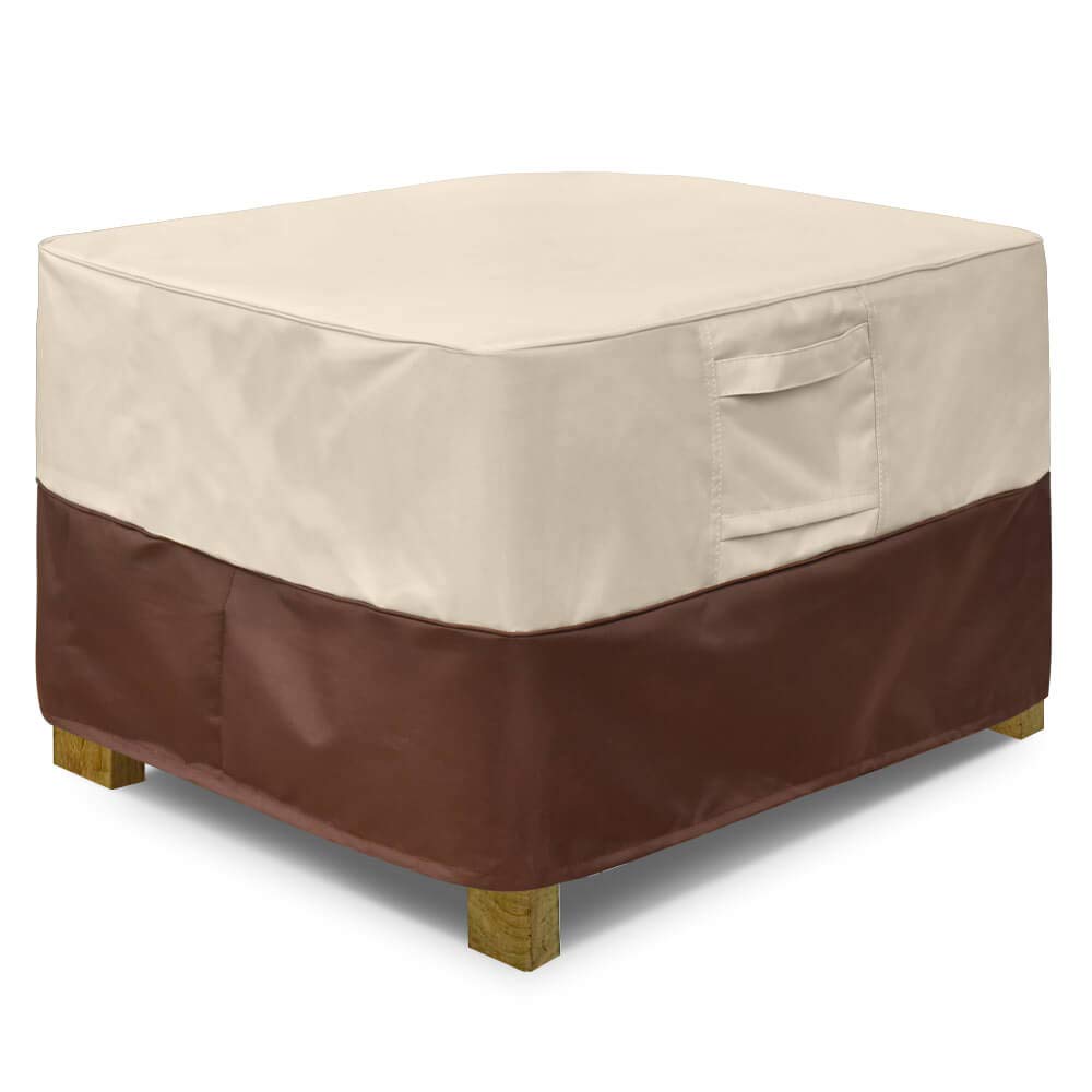 Vailge square ottoman cover in beige shields outdoor furniture from sun and rain.