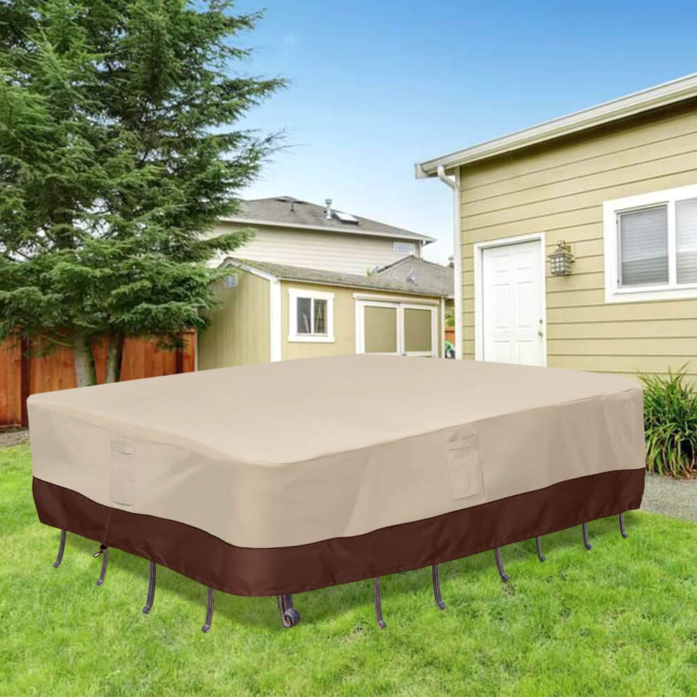 Vailge durable fabric offers long-lasting protection for rectangular table sets.