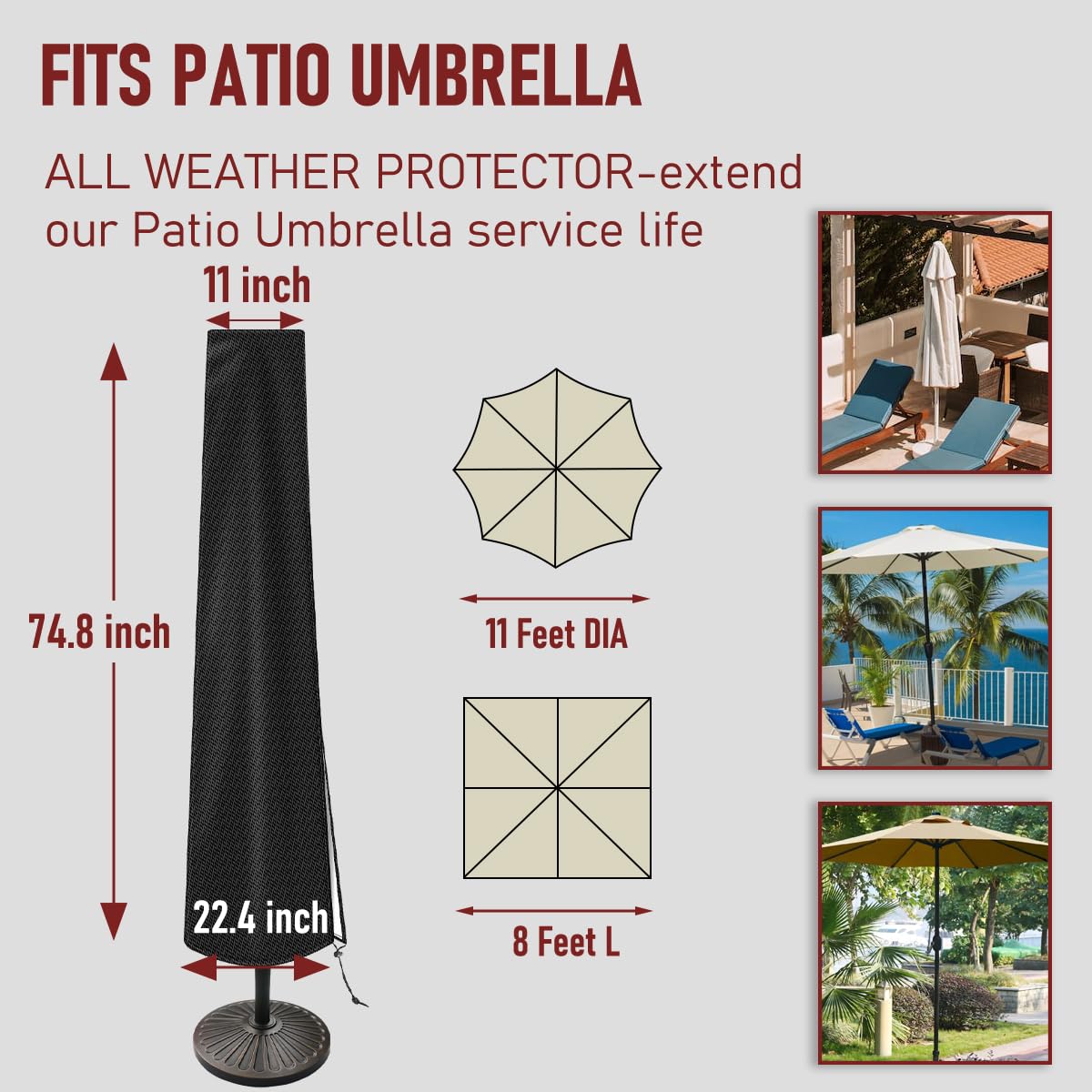 Vainlley umbrella cover with zipper for easy on/off and quick access
