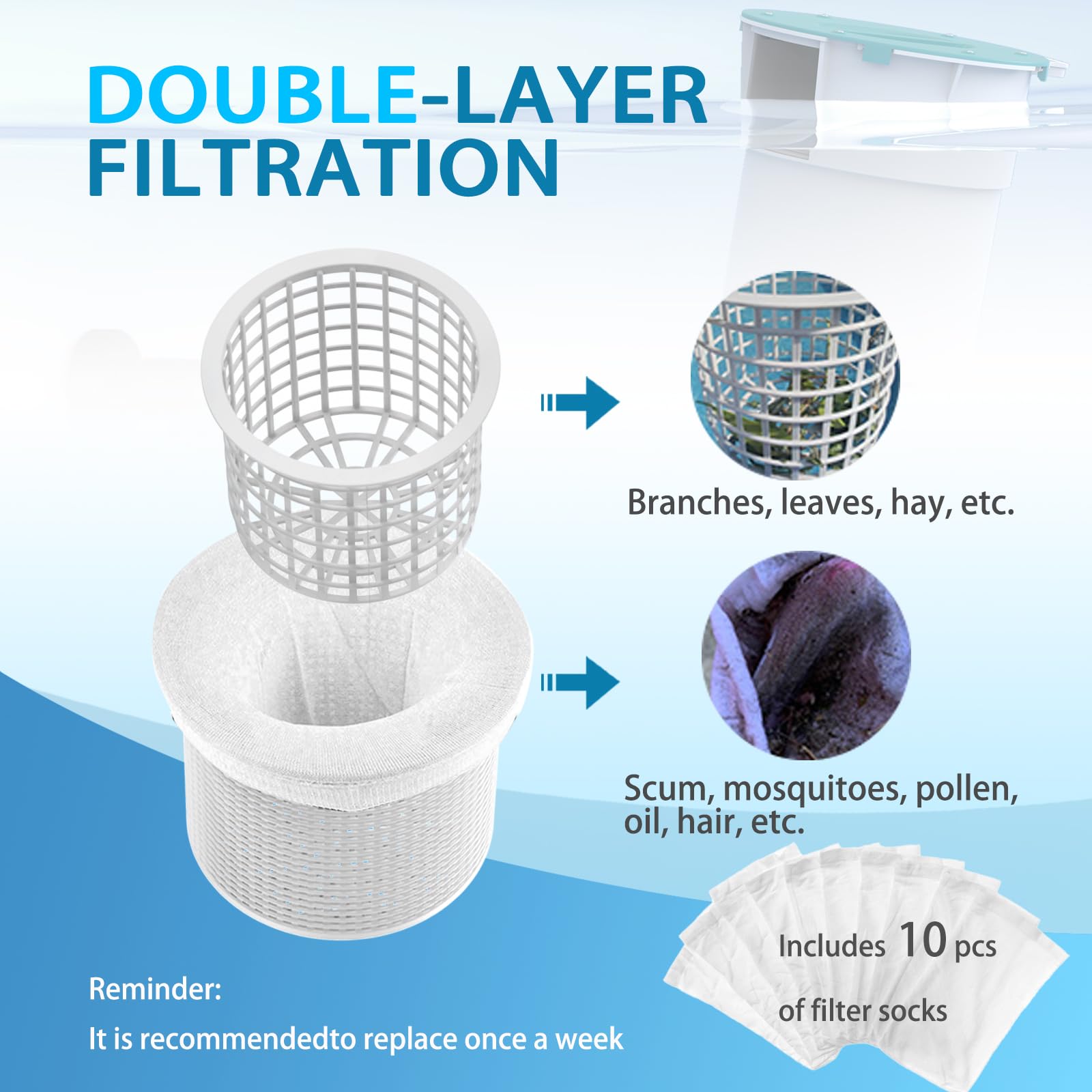 Valdorena automatic water inlet adjustment keeps skimmer aligned with surface