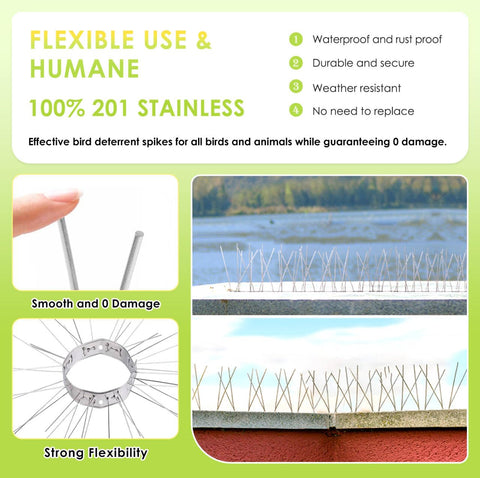 Valibe stainless steel spikes withstand weather and resist rust for long-term use.