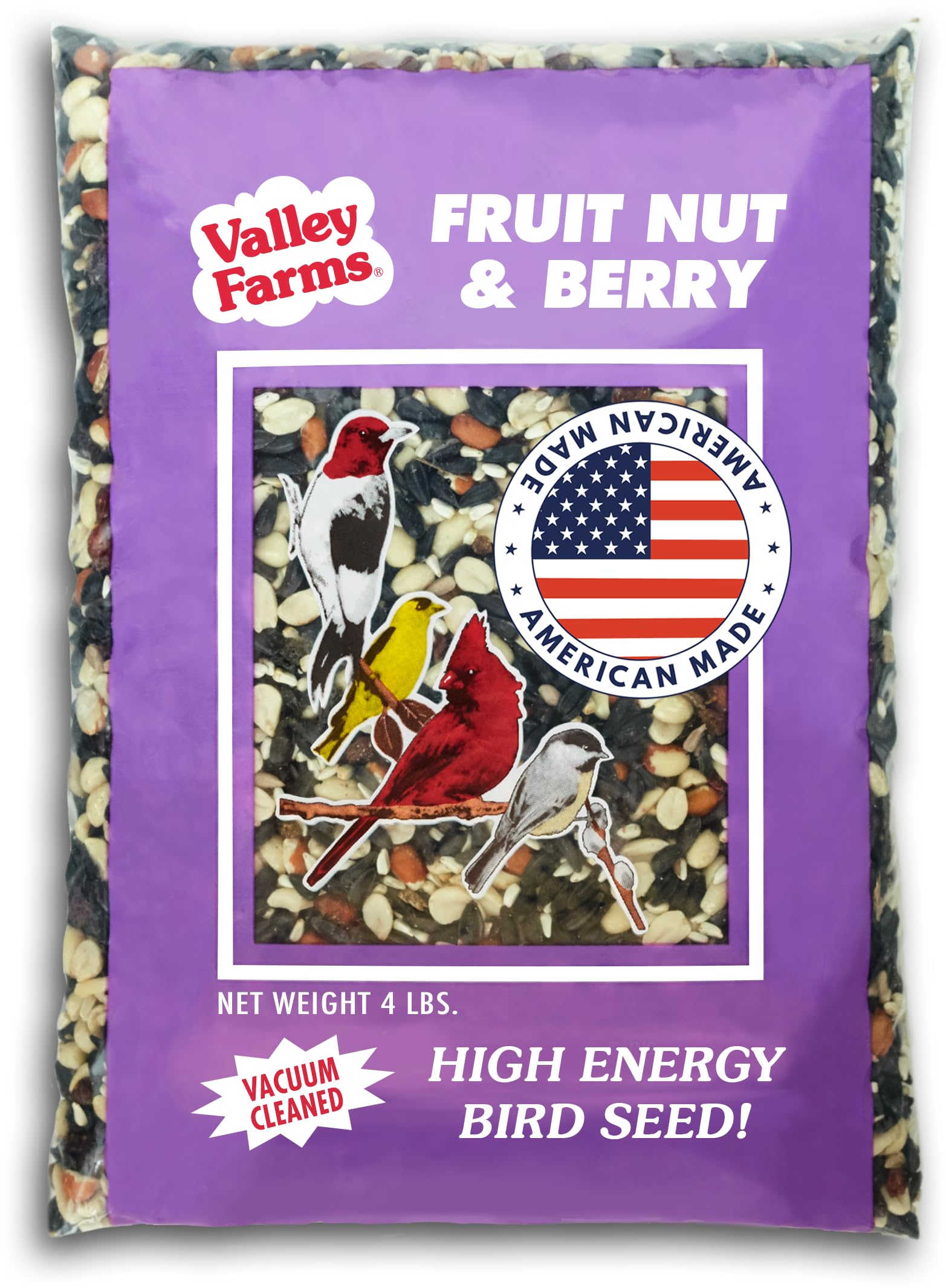 Valley Farms Fruit Nut & Berry packaging shows a high-energy blend for backyard birds.