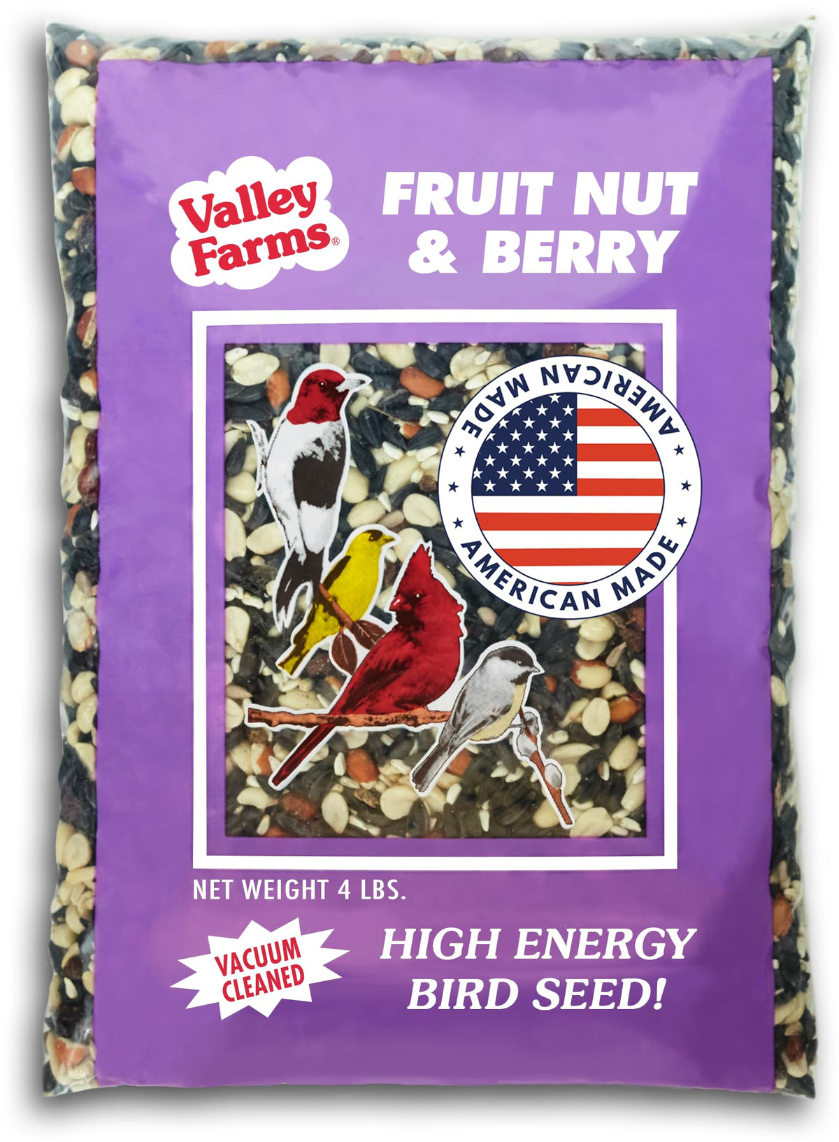 Valley Farms Fruit Nut & Berry packaging shows a high-energy blend for backyard birds.