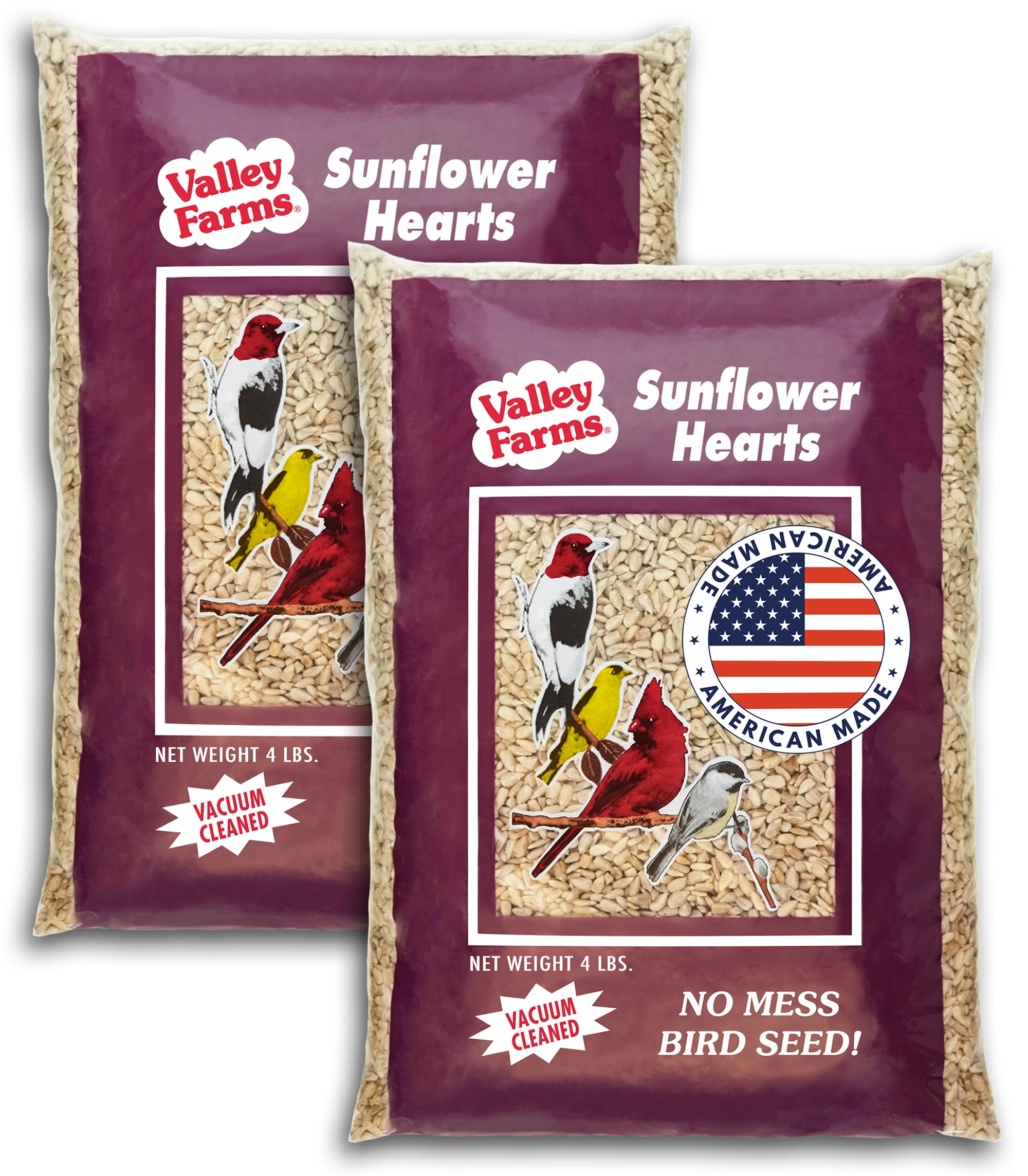 Valley Farms sunflower hearts in a feeder offer clean, whole seeds for backyard birds.
