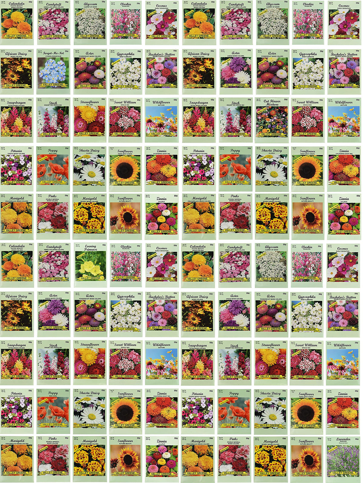 Valley Greene set of 100 flower seed packets for a diverse, colorful garden.