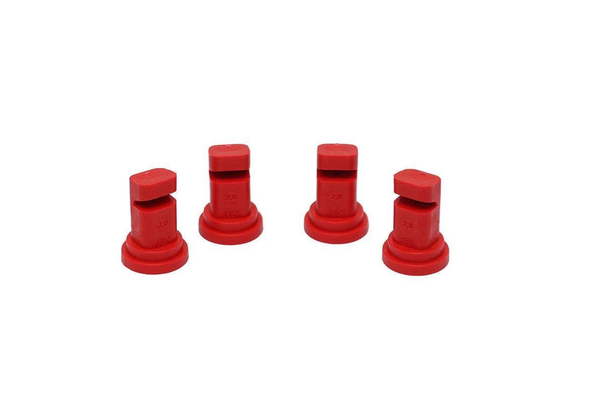 Valley Industries 140-degree deflector nozzle in red for reduced drift.
