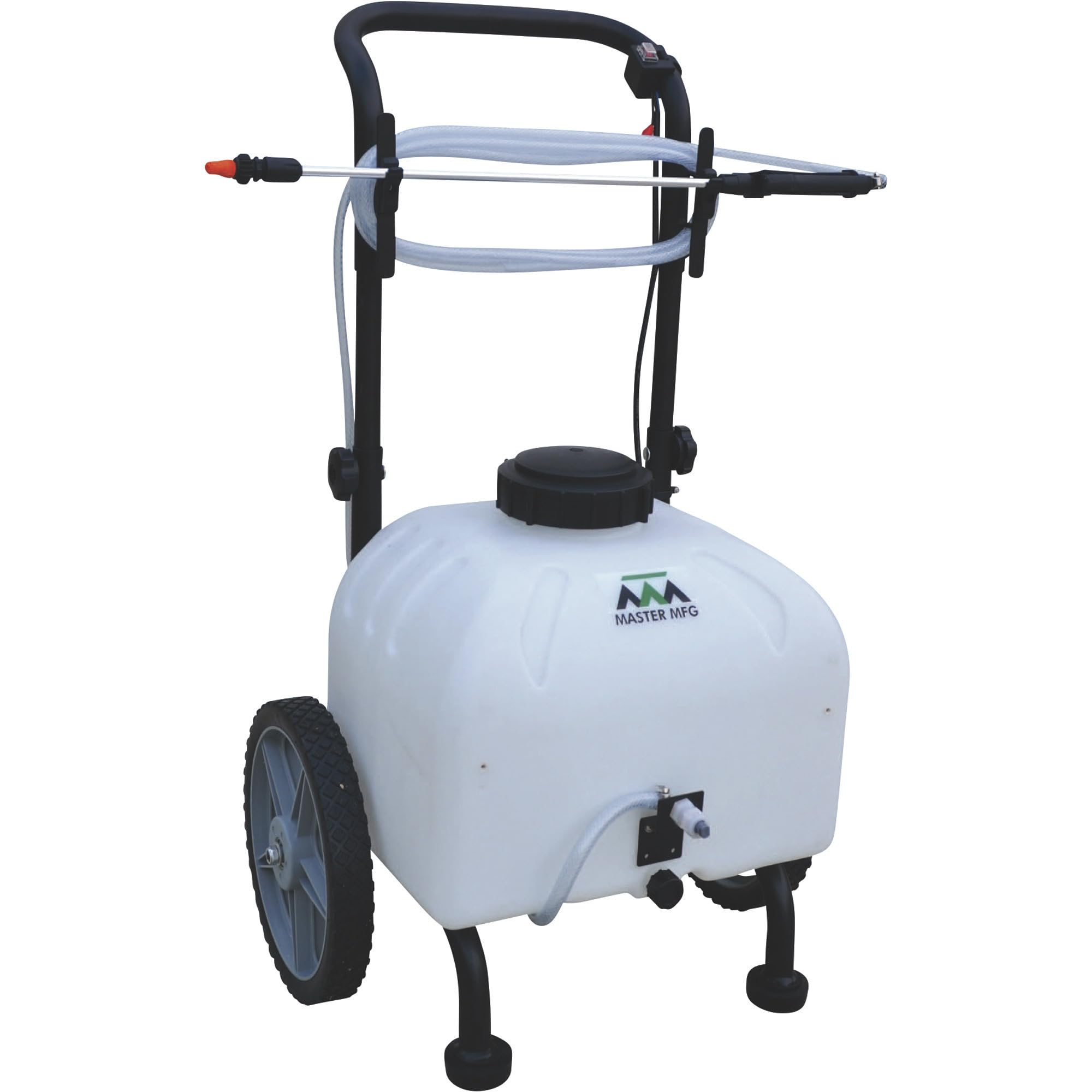 Valley Industries Master Mfg Revolt 9gal sprayer side view shows rugged wheels for tough terrain