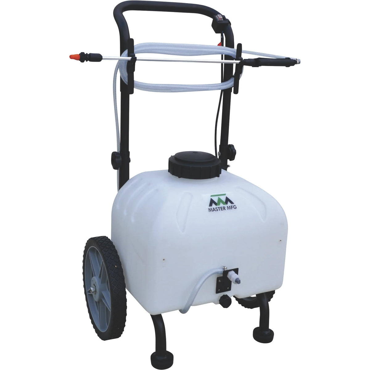 Valley Industries Master Mfg Revolt 9gal sprayer side view shows rugged wheels for tough terrain