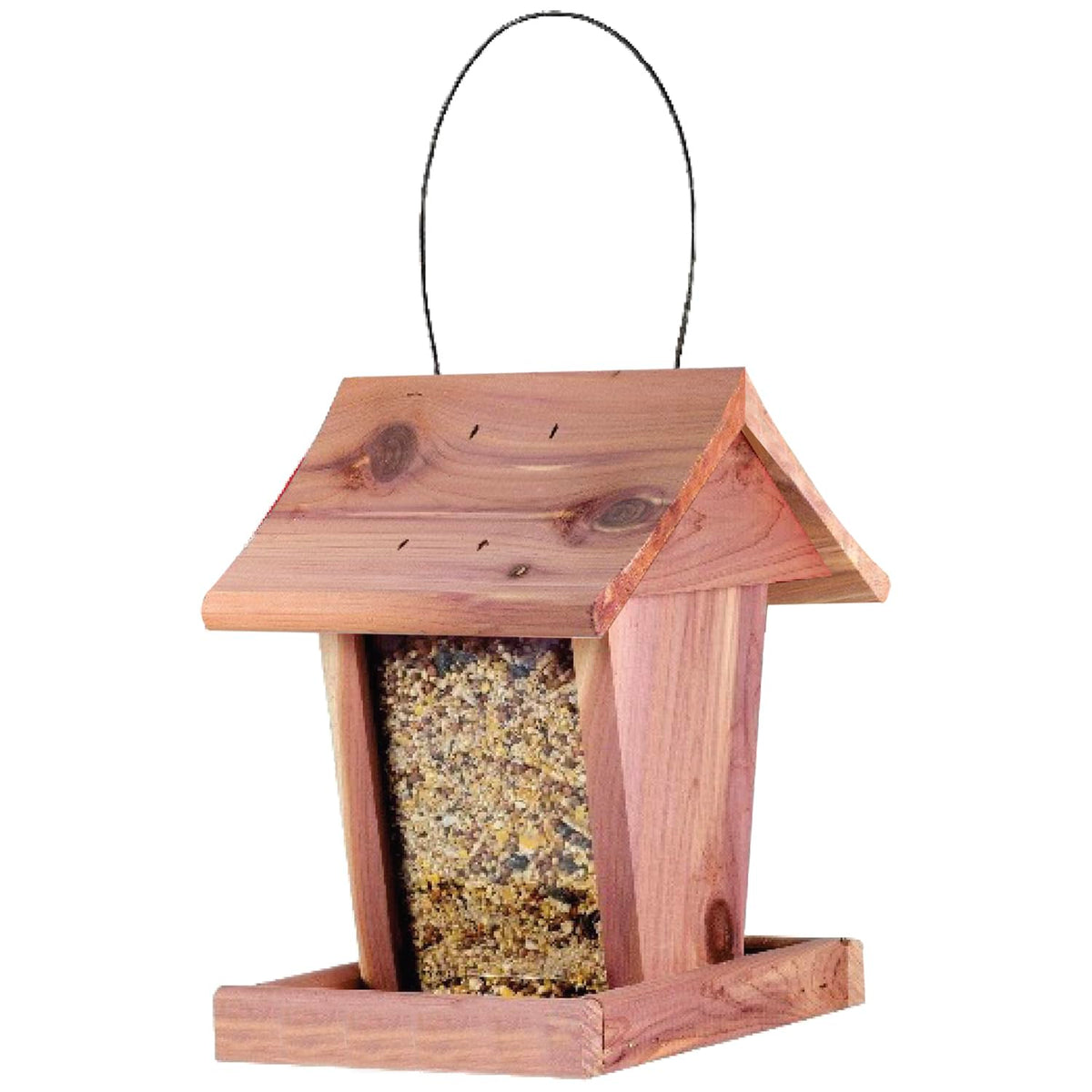 Valley Splendor Cedar Hopper Bird Feeder with dual windows for easy seed monitoring.