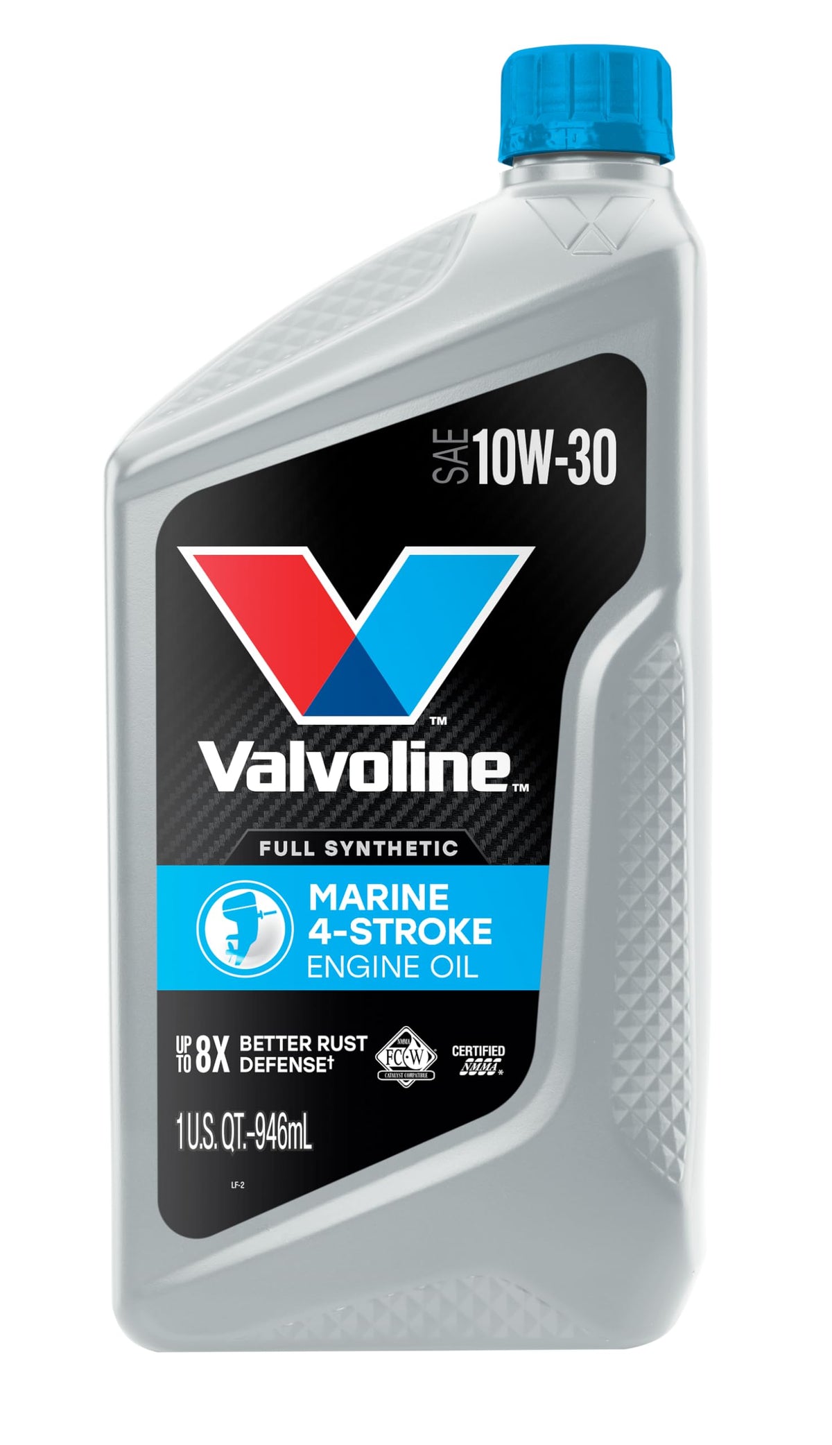 Valvoline 4-Stroke Marine oil bottle on shelf showing engine protection.