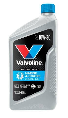 Valvoline 4-Stroke Marine oil bottle on shelf showing engine protection.