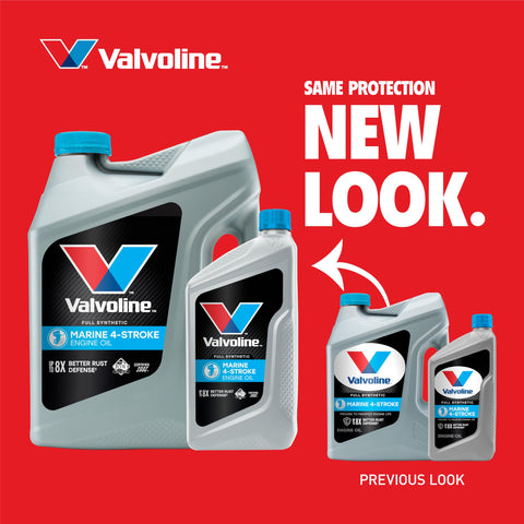 Valvoline 4-Stroke Marine oil bottle pouring for easy top-up on boats.