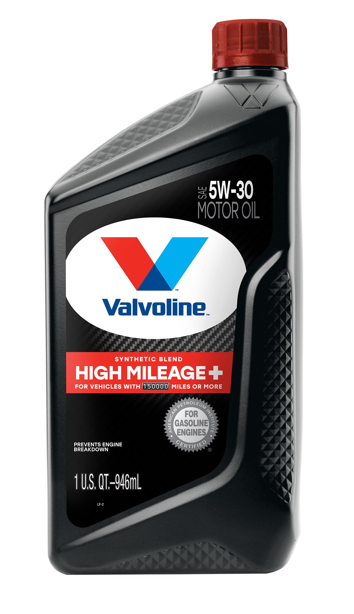 Valvoline High Mileage 150K bottle front view highlighting MaxLife Plus technology for older engines.