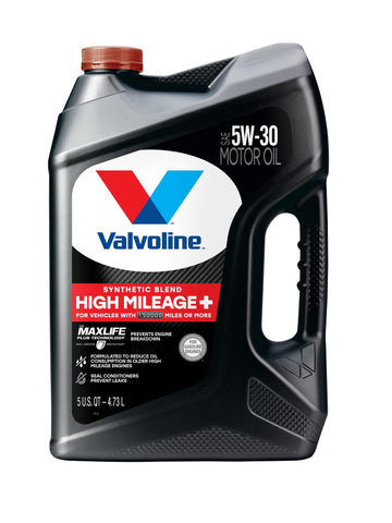 Valvoline High Mileage 150K bottle pouring to reduce oil consumption.