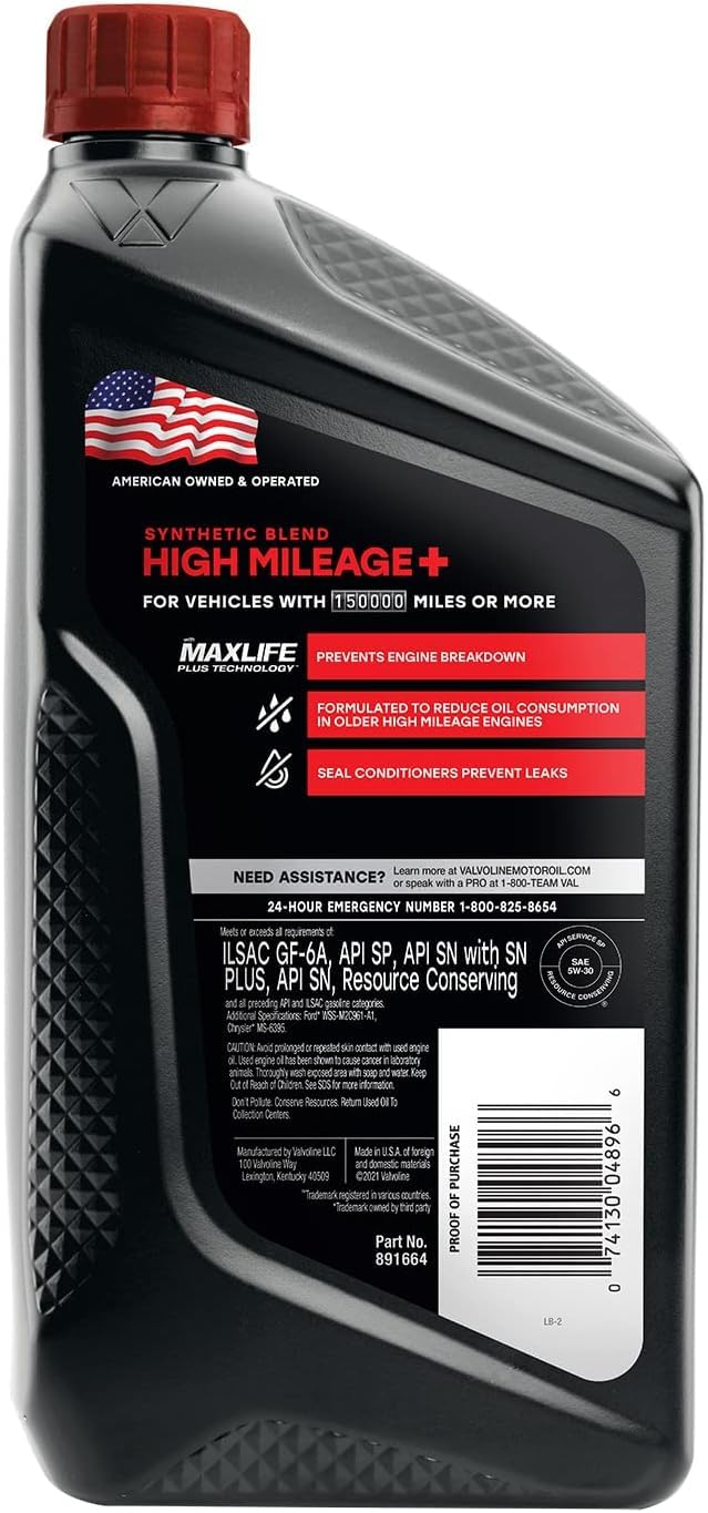 Valvoline High Mileage 150K label closeup showing premium formula for longevity.